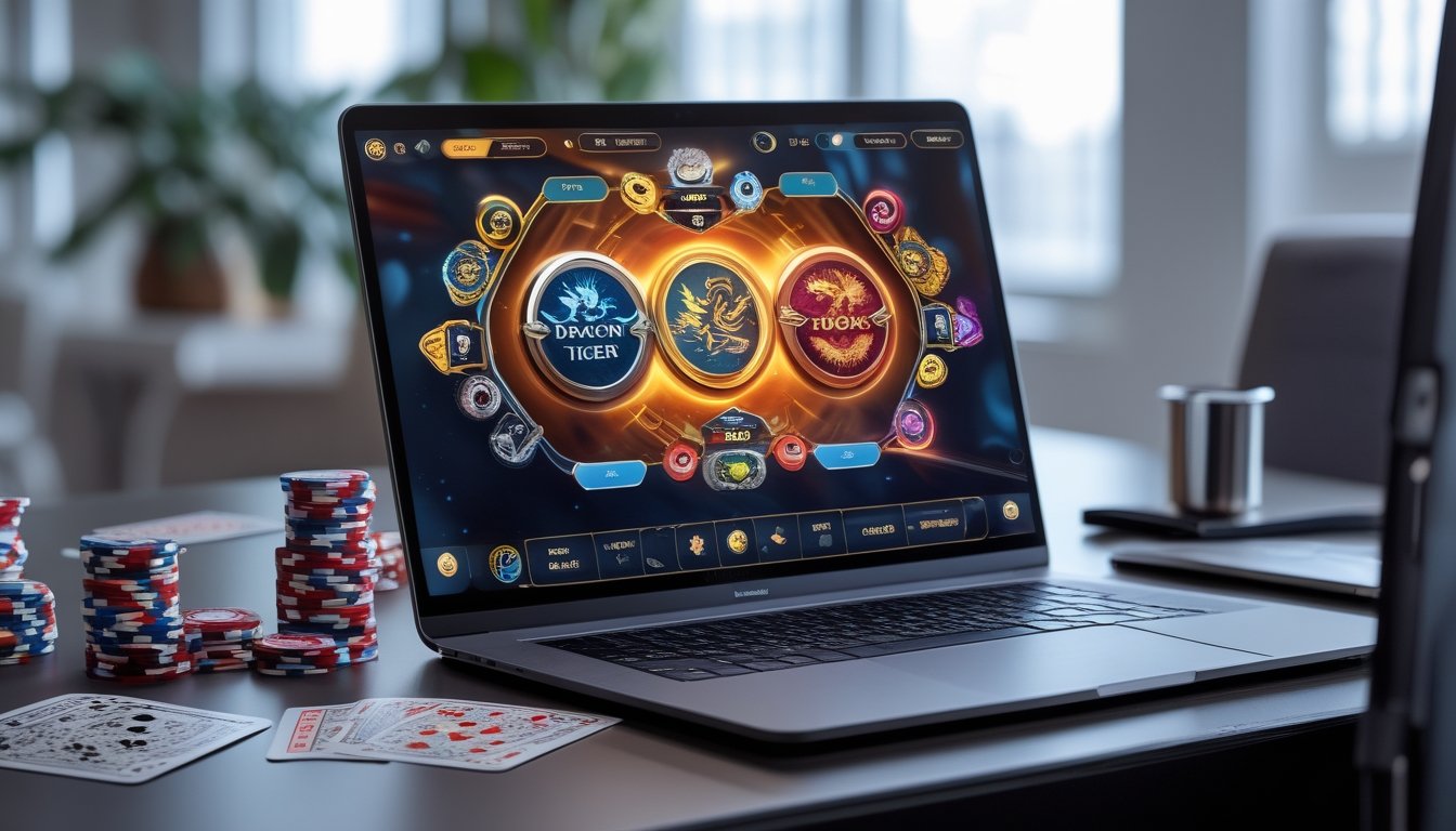 Seorang pengguna sedang melihat layar laptop yang menampilkan permainan kartu online dengan aksesori kartu dan chip di meja.
