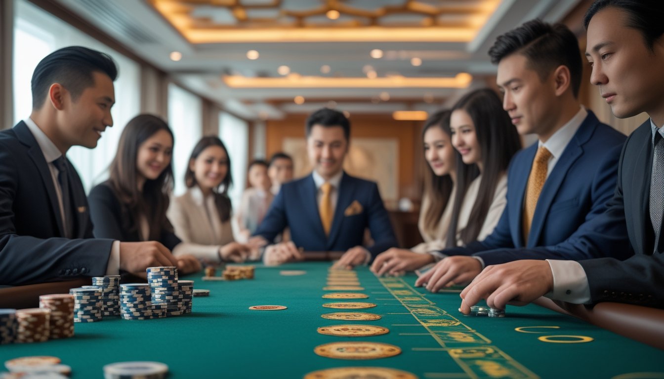 Meja permainan kasino dengan kartu dan chip, pemain dan dealer sedang bermain bersama dalam suasana yang percaya dan profesional.