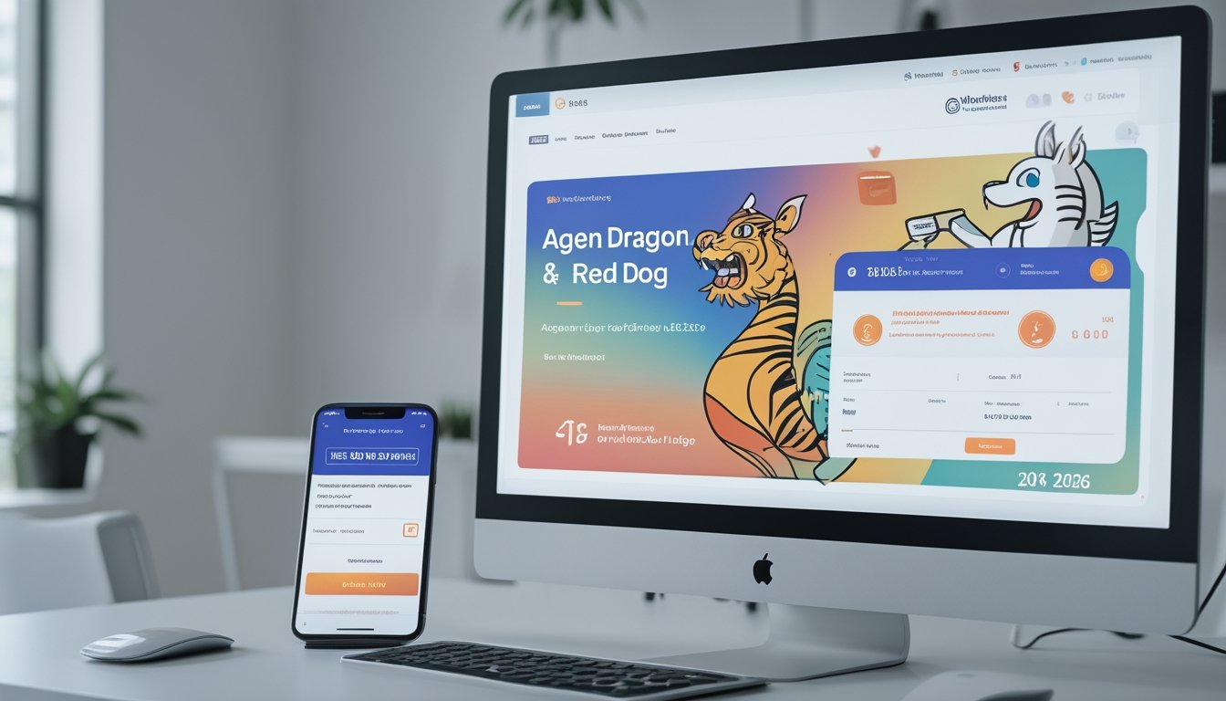 Tampilan layar komputer dengan antarmuka sistem pembayaran digital yang menampilkan ikon naga, harimau, dan anjing merah dalam lingkungan kantor modern.