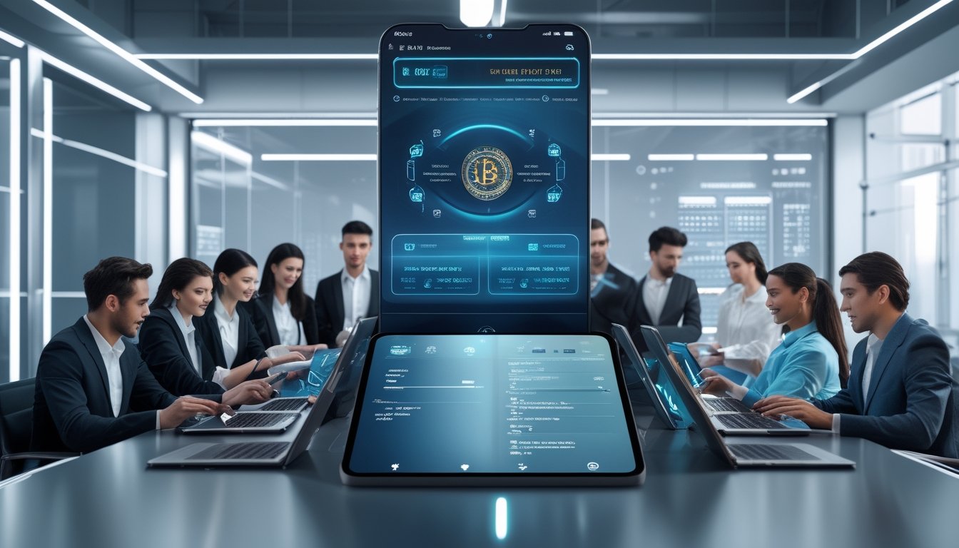 Sekelompok profesional bisnis menggunakan perangkat digital untuk melakukan transaksi pembayaran di kantor modern.