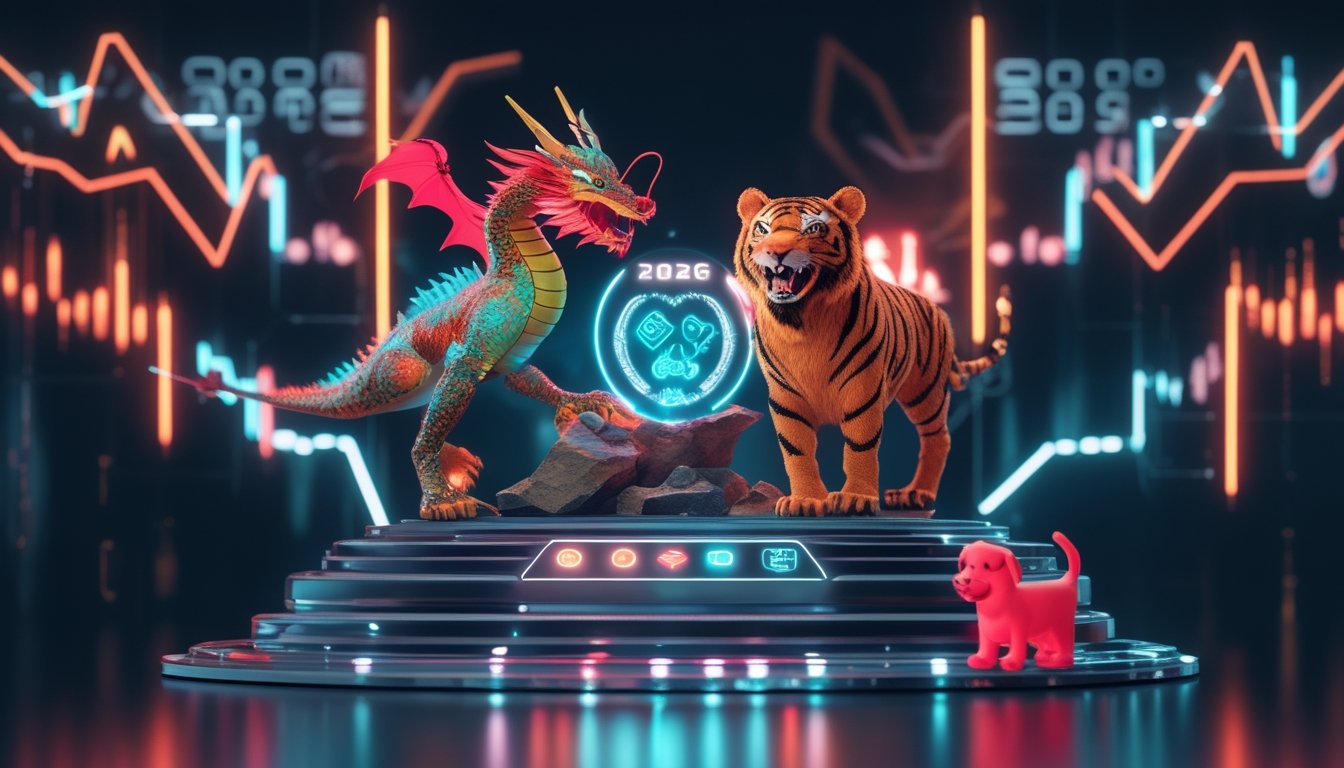 Antarmuka digital modern dengan simbol naga, harimau, dan anjing merah yang mewakili platform permainan online tahun 2026.