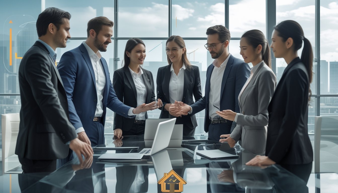 Sekelompok profesional bisnis sedang berdiskusi di kantor modern dengan pemandangan kota di latar belakang.