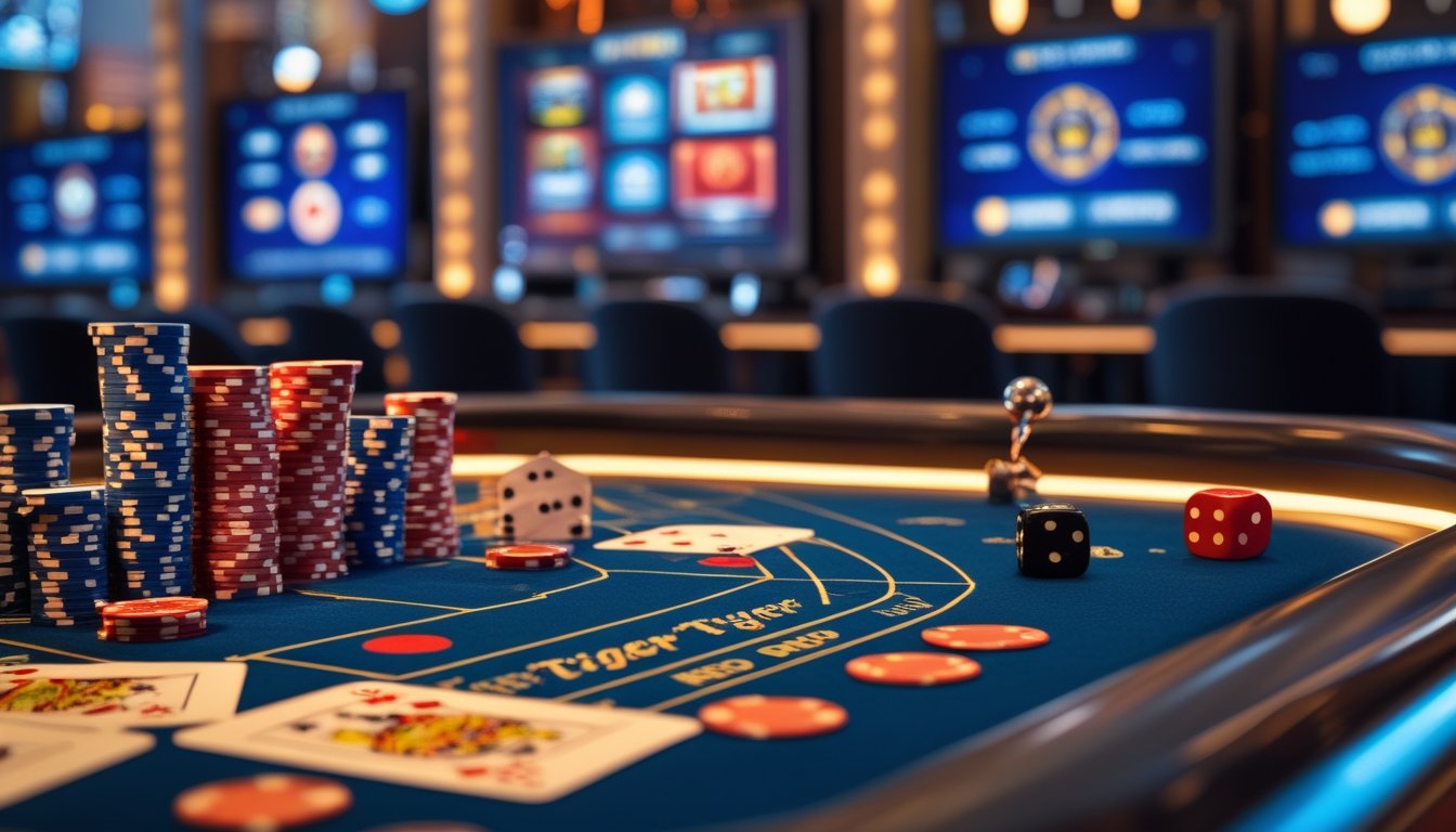 Meja kasino modern dengan kartu remi, chip poker, dan dadu di lingkungan kasino yang mewah dan terang.