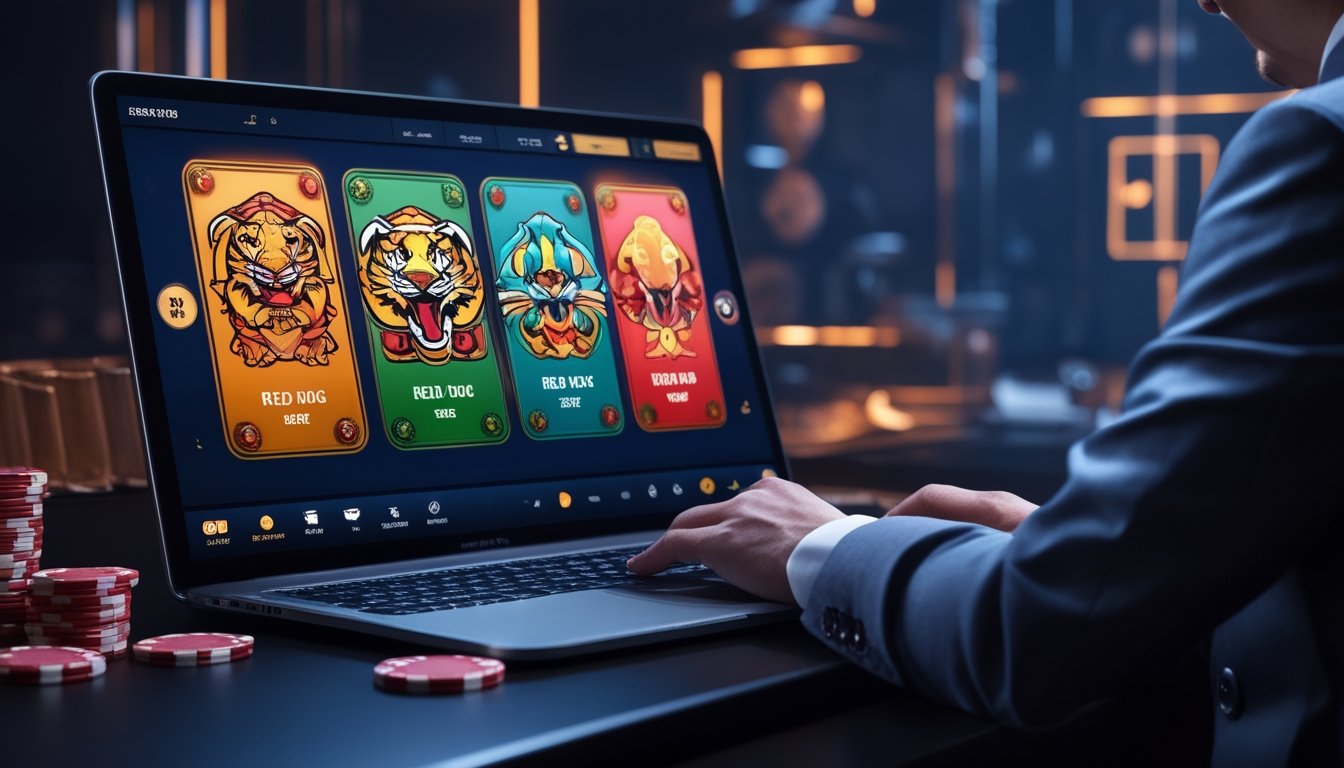 Seorang pria atau wanita sedang menggunakan laptop dengan tampilan permainan kartu Dragon Tiger dan Red Dog di layar, di latar belakang terdapat suasana kasino dengan chip dan kartu bermain.