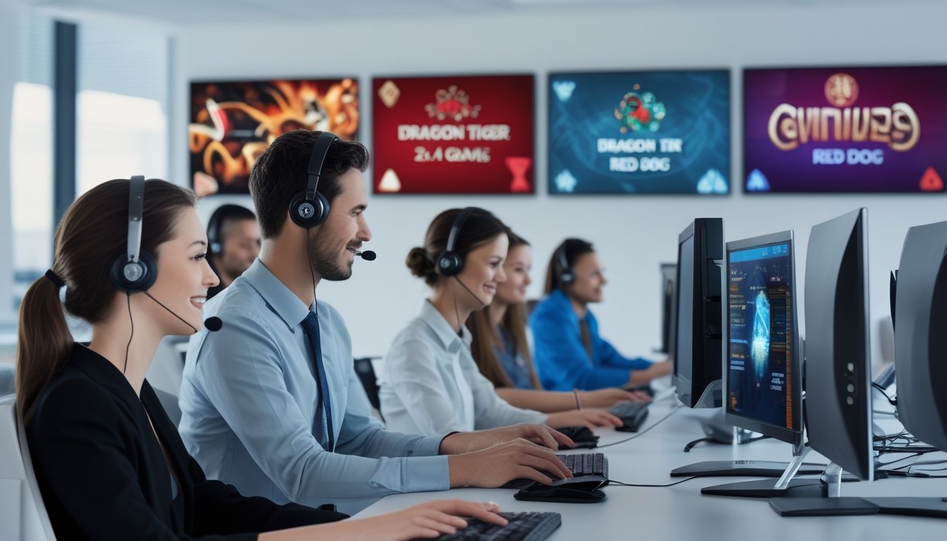 Pusat layanan pelanggan dengan staf yang ramah dan menggunakan headset, bekerja di ruang kantor terang dan modern dengan beberapa monitor komputer.