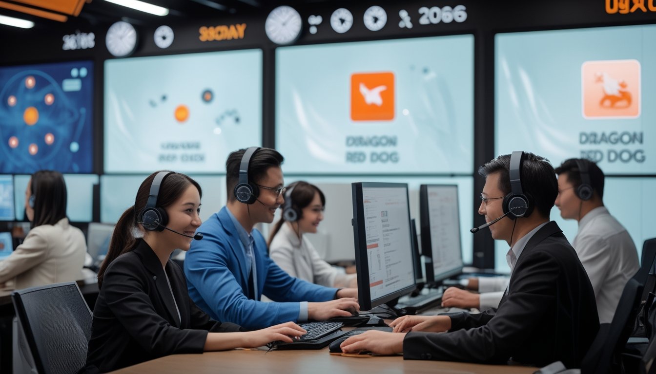 Tim layanan pelanggan yang ramah sedang bekerja di pusat layanan modern dengan komputer dan headset, memberikan dukungan sepanjang waktu.