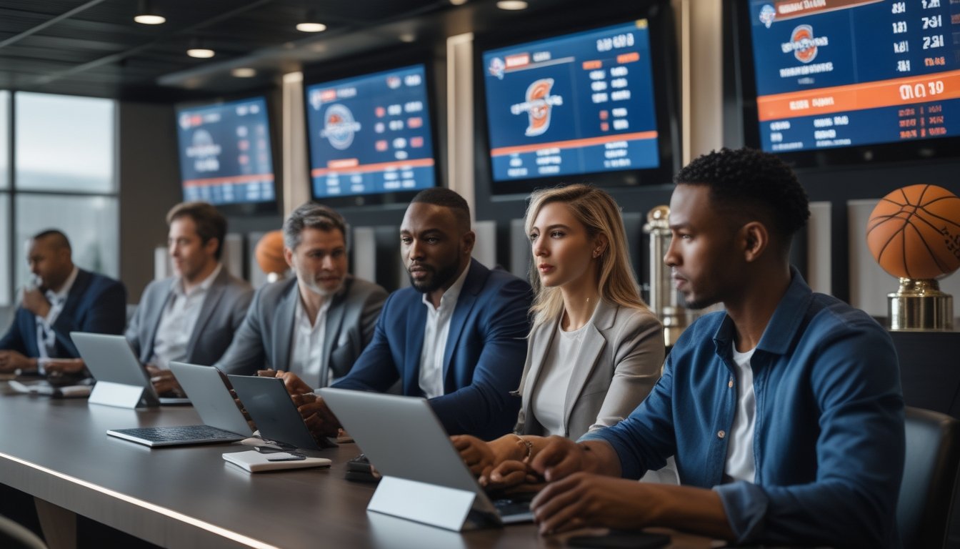 Orang-orang yang sedang menganalisis data taruhan NBA di ruangan modern dengan layar besar yang menampilkan statistik pertandingan dan peluang taruhan.