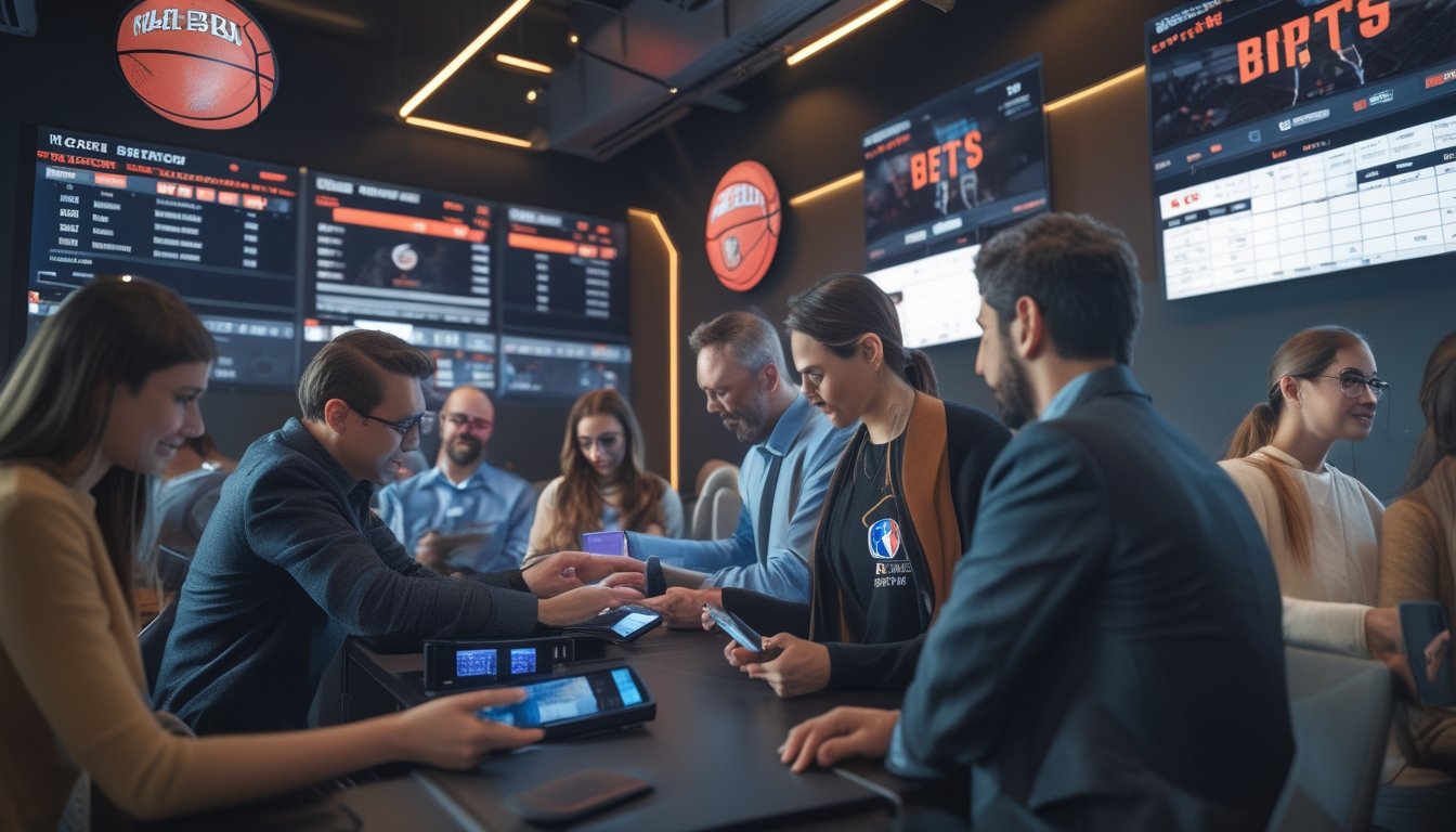 Orang-orang menggunakan perangkat digital untuk memasang taruhan pada pertandingan NBA dengan layar menampilkan statistik dan peluang taruhan di latar belakang.