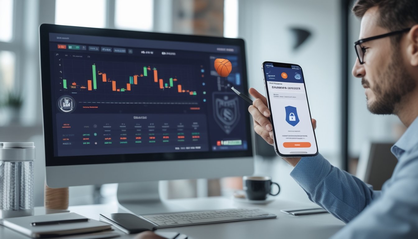 Seseorang di kantor modern sedang menganalisis data taruhan NBA di layar komputer dan memegang ponsel dengan aplikasi taruhan yang aman.