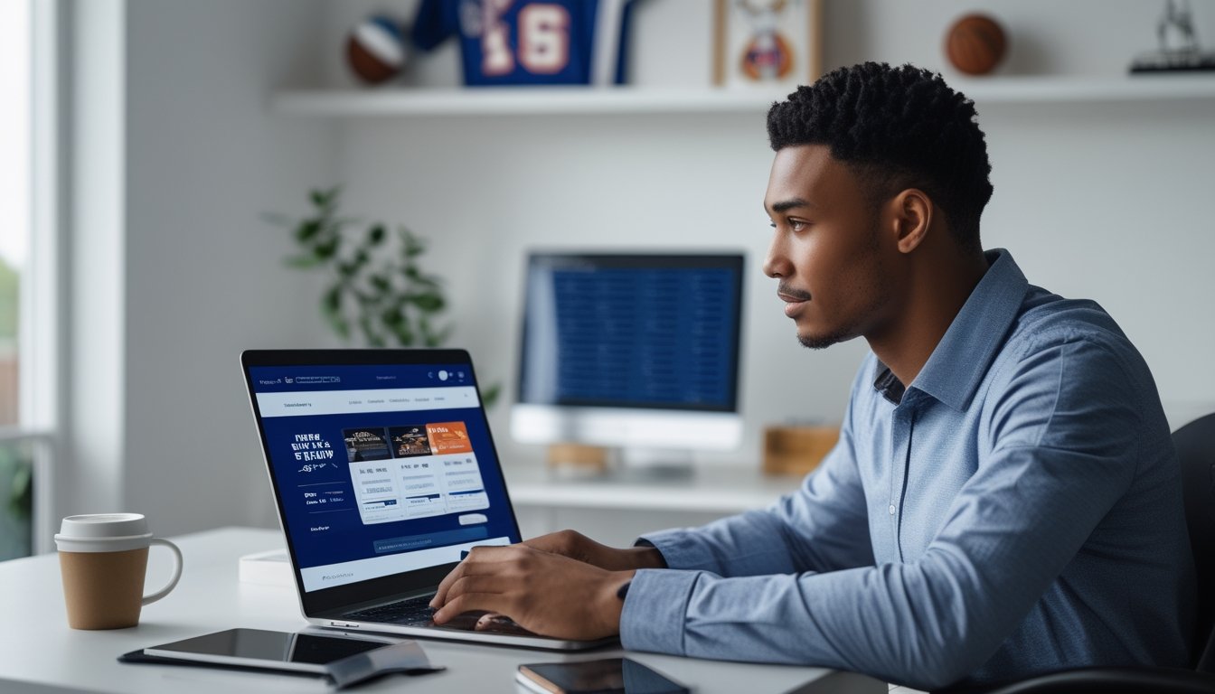 Seorang pria muda duduk di meja kerja dengan laptop, fokus menggunakan situs taruhan NBA online di ruangan yang terang dan rapi.