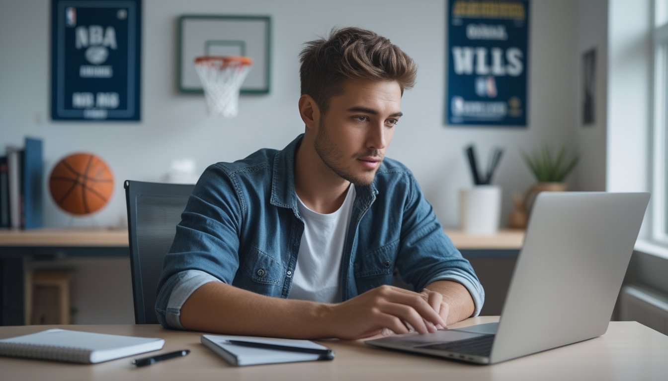 Seorang pria muda duduk di meja dengan laptop, sedang mempersiapkan diri untuk mendaftar di situs taruhan NBA online.