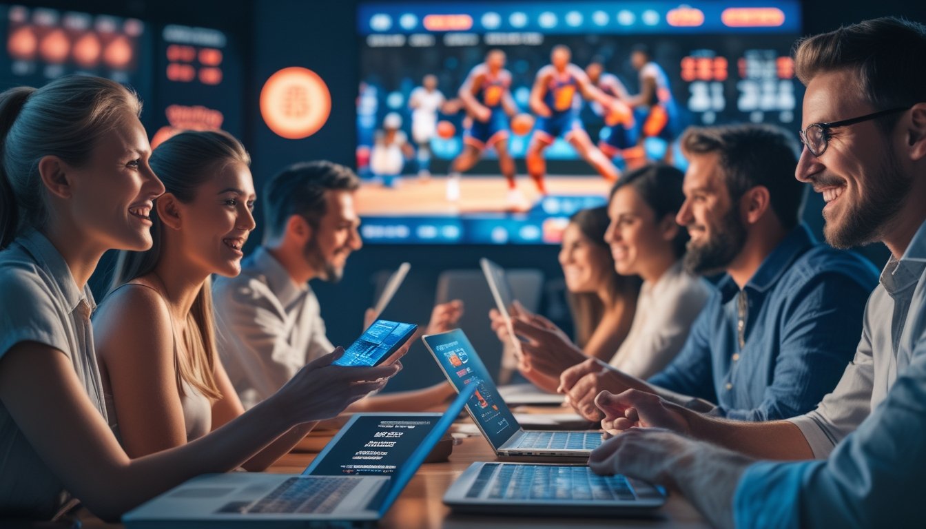 Sekelompok orang menggunakan perangkat digital untuk memasang taruhan pada pertandingan NBA yang sedang berlangsung di layar besar.
