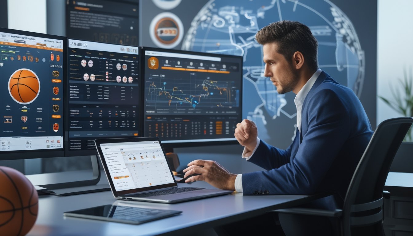 Seseorang sedang menganalisis data taruhan NBA di meja kerja dengan beberapa layar menampilkan pertandingan dan statistik basket.