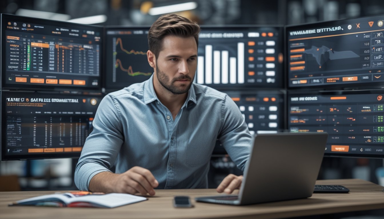 Seorang pria fokus menganalisis strategi taruhan NBA di ruang kerja modern dengan layar yang menampilkan statistik dan grafik pertandingan bola basket.