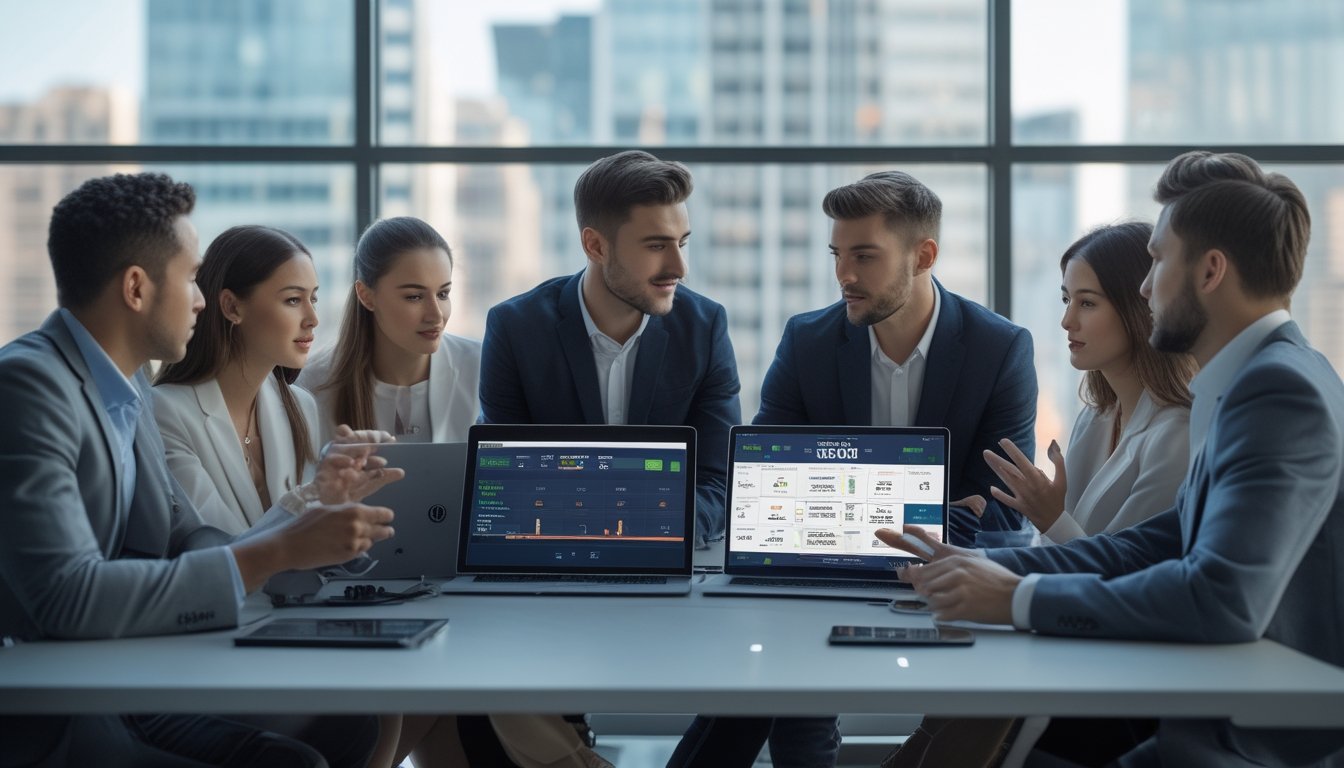 Sekelompok profesional muda berdiskusi di kantor modern dengan perangkat digital menampilkan statistik dan layanan taruhan NBA.