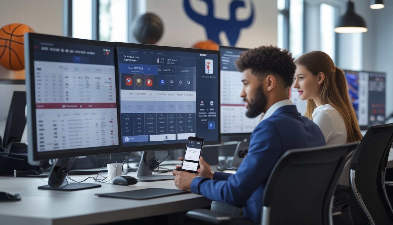 Sekelompok profesional muda sedang bekerja dengan komputer dan ponsel di kantor modern yang menunjukkan aktivitas taruhan NBA dan layanan deposit cepat.