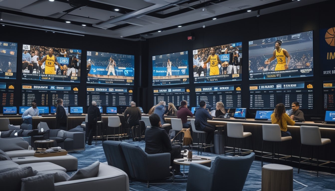 Beberapa orang sedang melihat layar besar yang menampilkan pertandingan NBA secara langsung dan skor yang diperbarui secara real time di ruang taruhan olahraga.