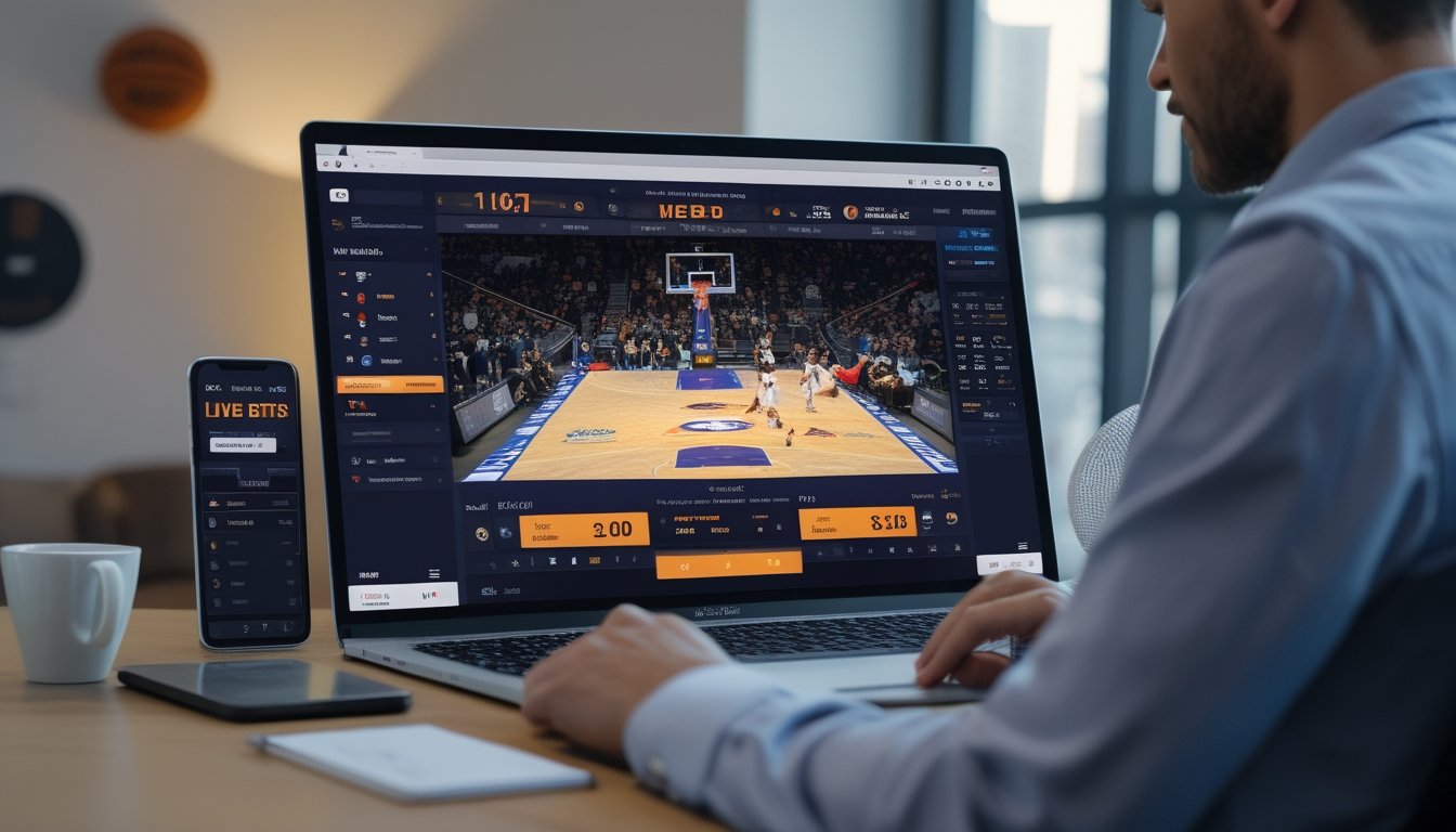 Seseorang menggunakan komputer dengan tampilan skor dan taruhan langsung pertandingan NBA secara real time.