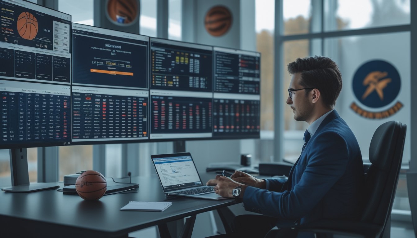 Seorang analis olahraga sedang duduk di meja dengan beberapa layar yang menampilkan statistik dan skor pertandingan NBA, fokus bekerja menggunakan laptop dan mencatat.