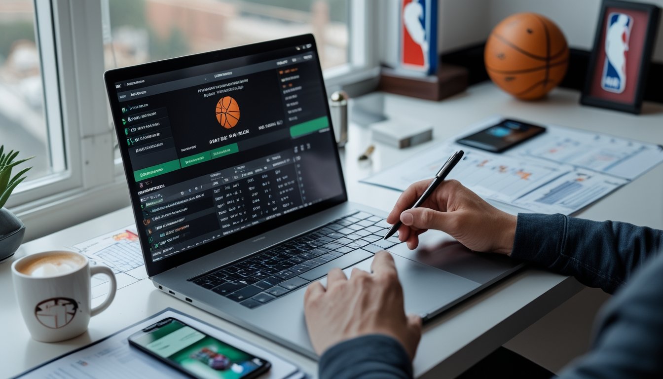 Seorang profesional sedang menganalisis statistik dan prediksi pertandingan NBA di meja kerja dengan laptop dan catatan.