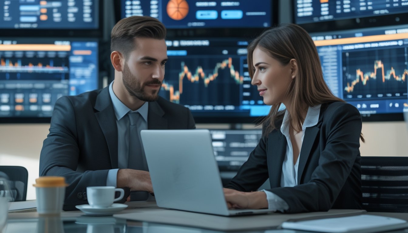 Dua profesional bisnis sedang berdiskusi di kantor dengan layar yang menampilkan statistik dan data taruhan NBA.