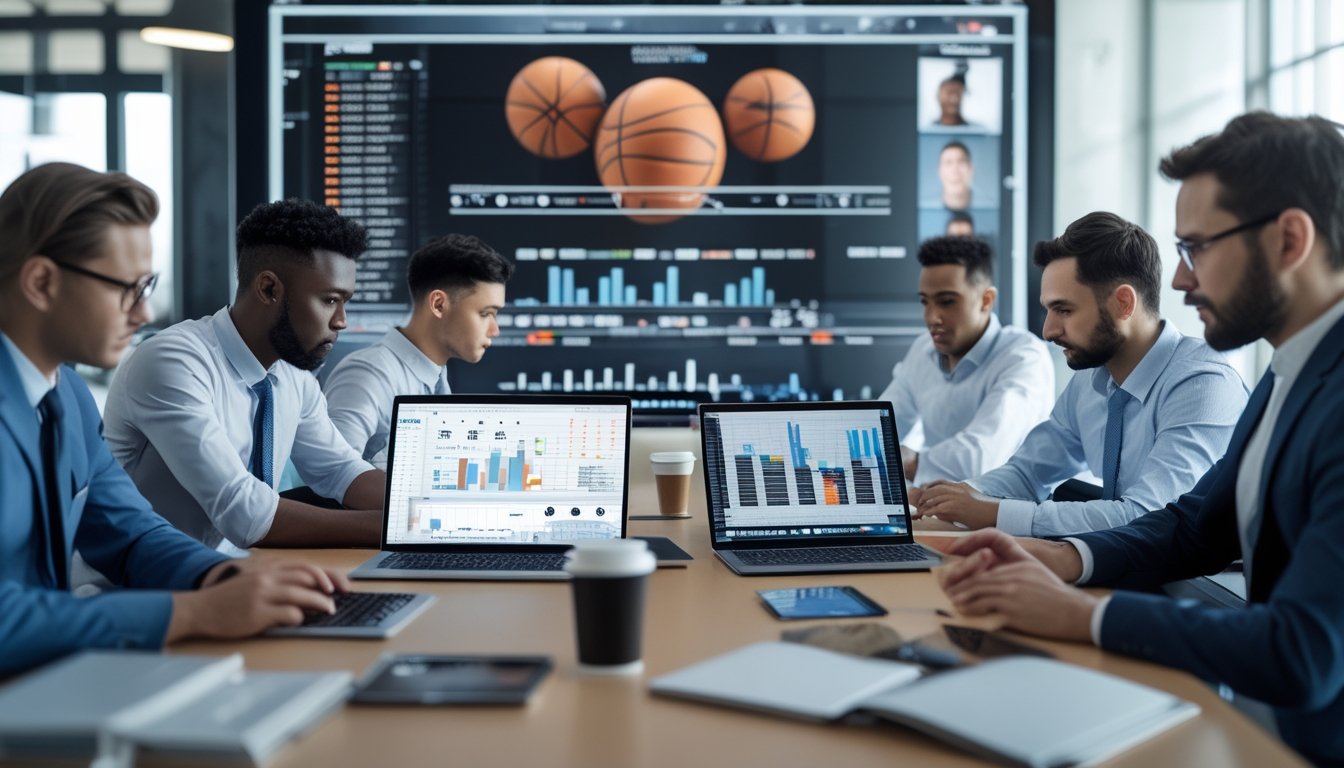 Sekelompok profesional sedang membandingkan agen taruhan NBA menggunakan perangkat digital di ruang kantor modern.