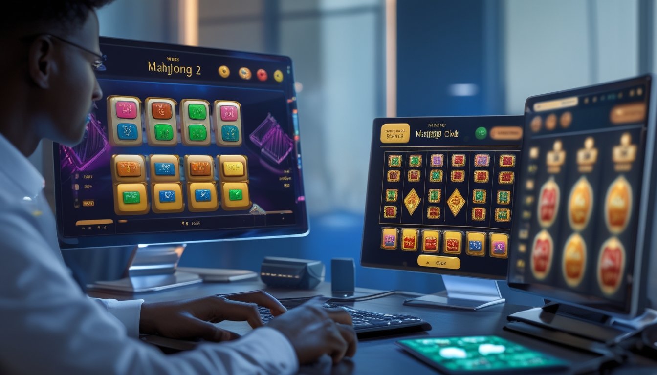Seorang profesional menggunakan laptop dan ponsel untuk bermain permainan Mahjong 2 dan Mustang Gold dalam suasana gaming online yang modern dan terpercaya.