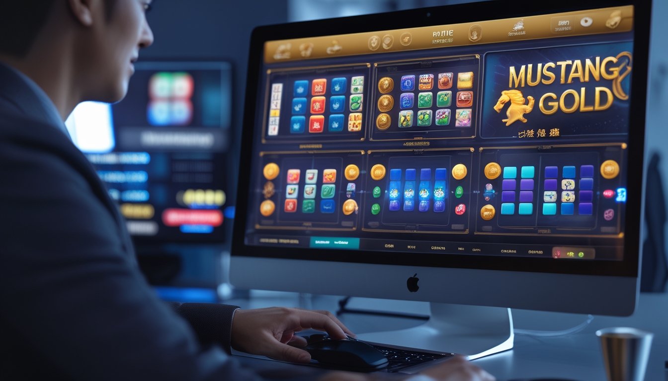 Seseorang menggunakan komputer dengan tampilan permainan Mahjong 2 dan Mustang Gold di layar dalam suasana kerja modern.