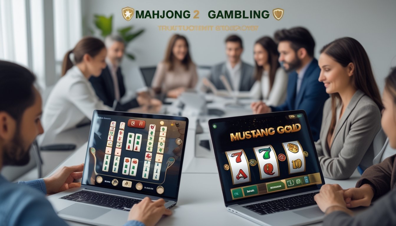 Beberapa orang menggunakan perangkat digital untuk bermain permainan Mahjong 2 dan Mustang Gold dalam suasana kerja yang rapi dan aman.