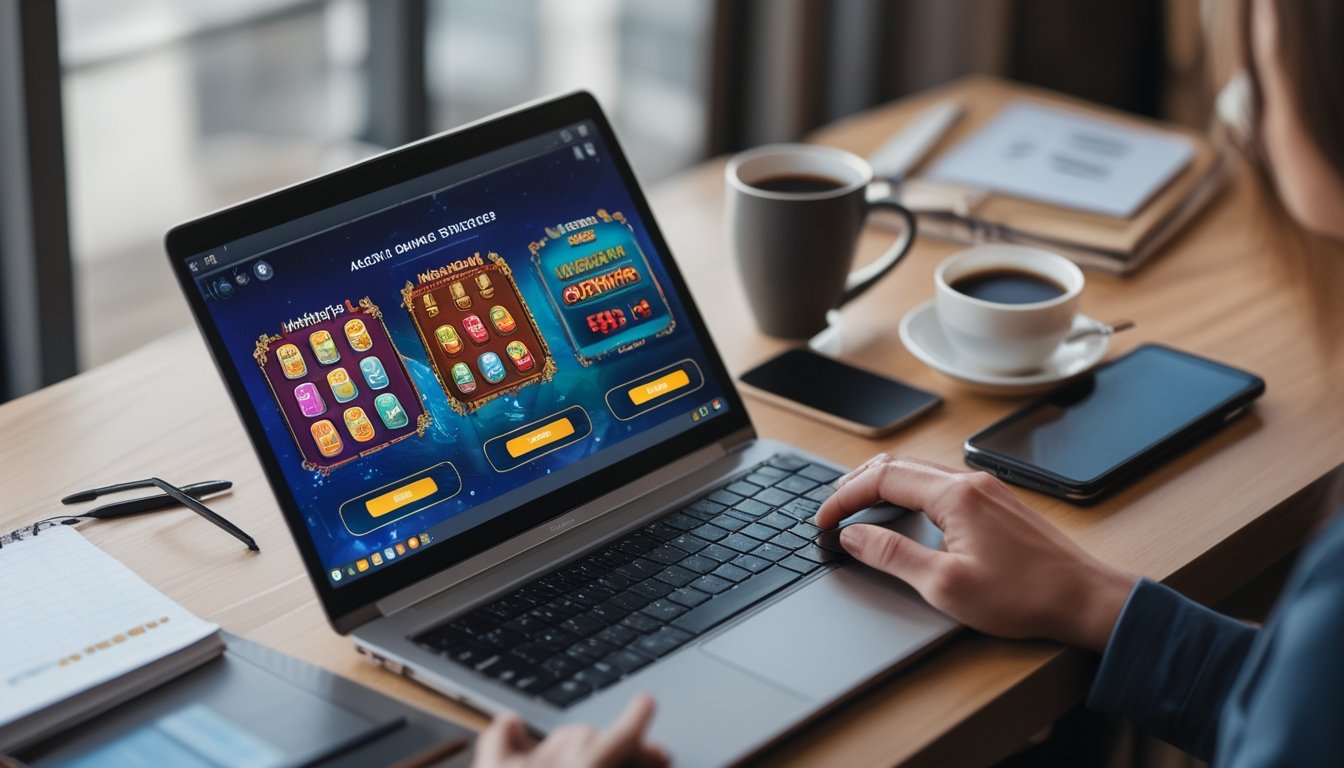 Meja kerja dengan laptop yang menampilkan permainan Mahjong 2 dan Mustang Gold, tangan orang sedang menggunakan mouse dan keyboard, dengan catatan, ponsel, dan secangkir kopi di sekitar.