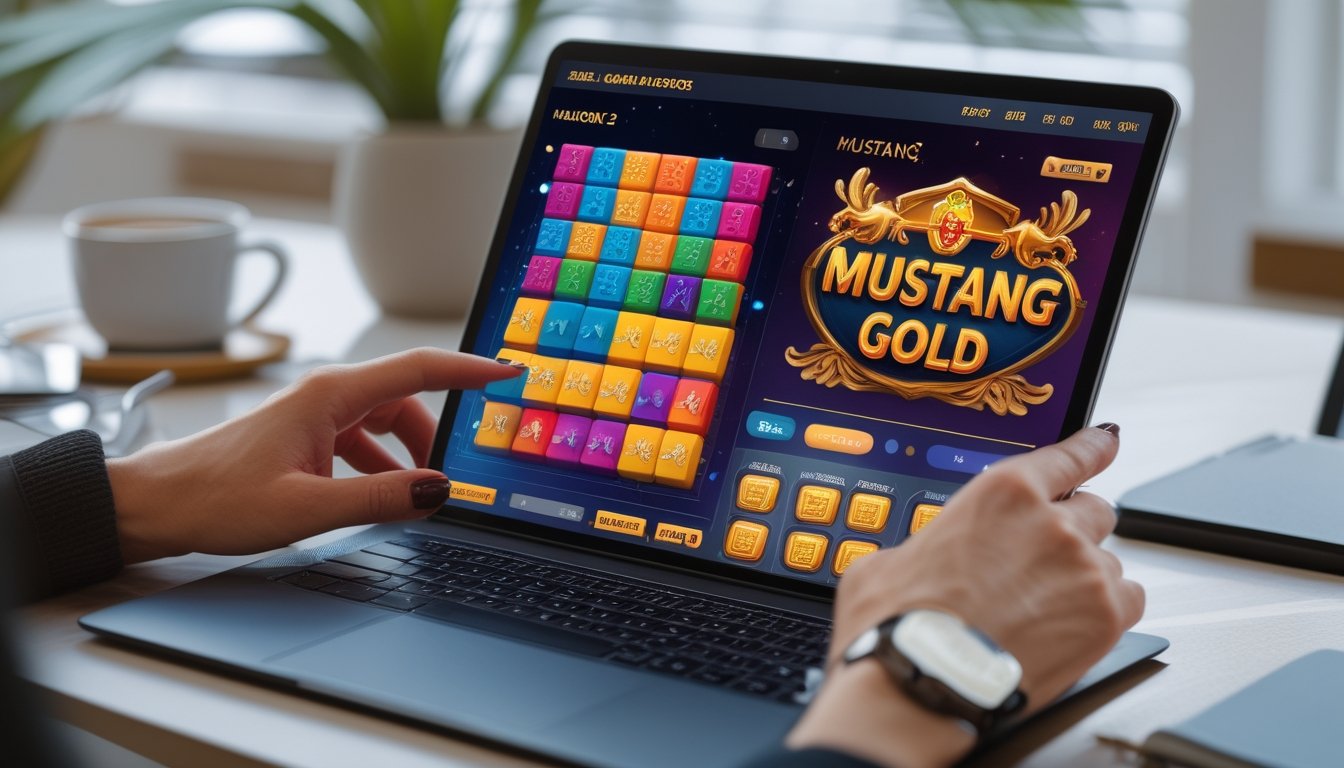 Seseorang menggunakan laptop dengan permainan Mahjong 2 dan Mustang Gold yang terlihat di layar dalam suasana ruangan yang terang dan rapi.