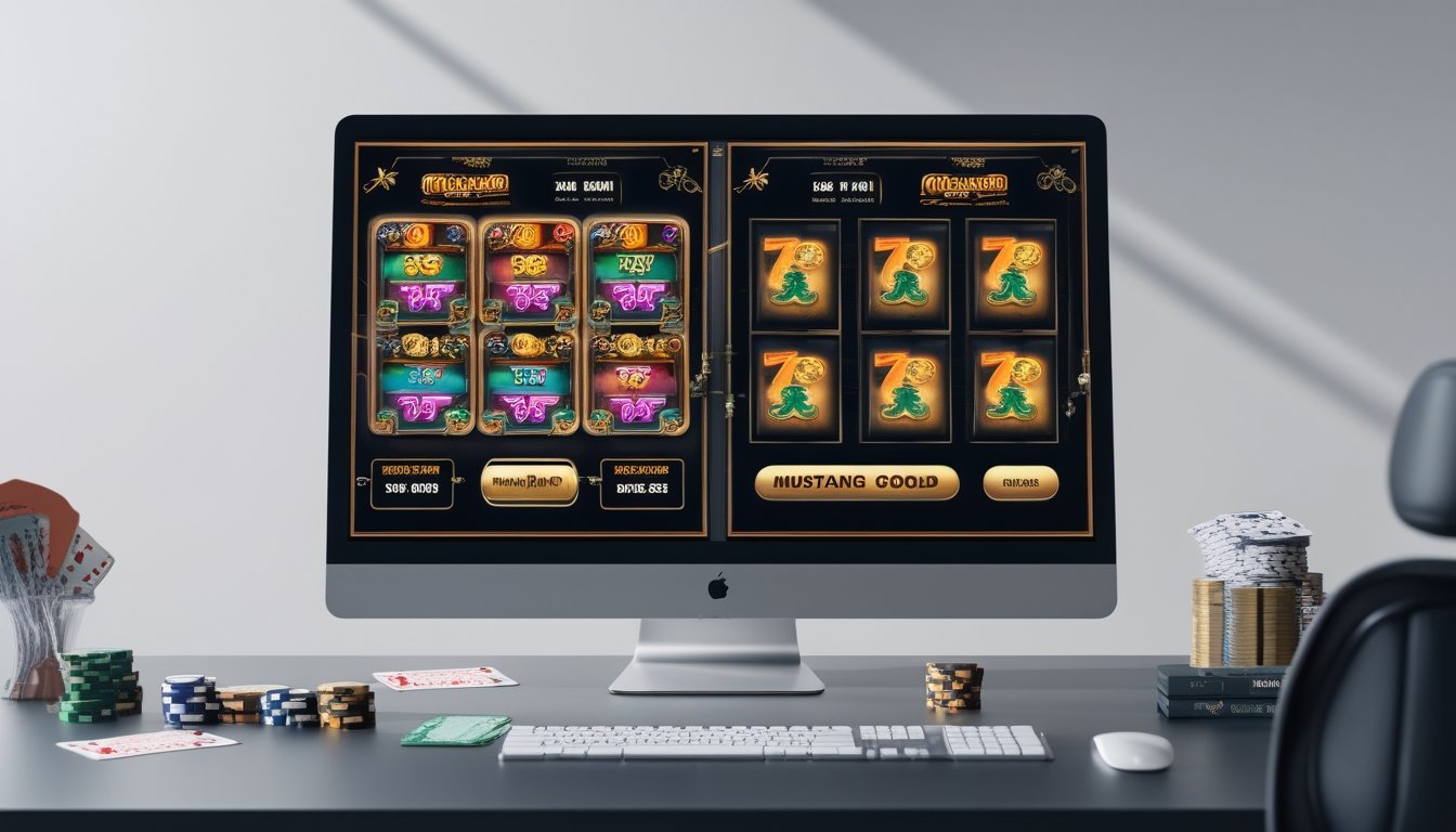 Sebuah meja kerja dengan komputer menampilkan permainan slot bertema Mahjong dan Mustang Gold, dengan elemen permainan seperti chip dan kartu di sekitarnya.