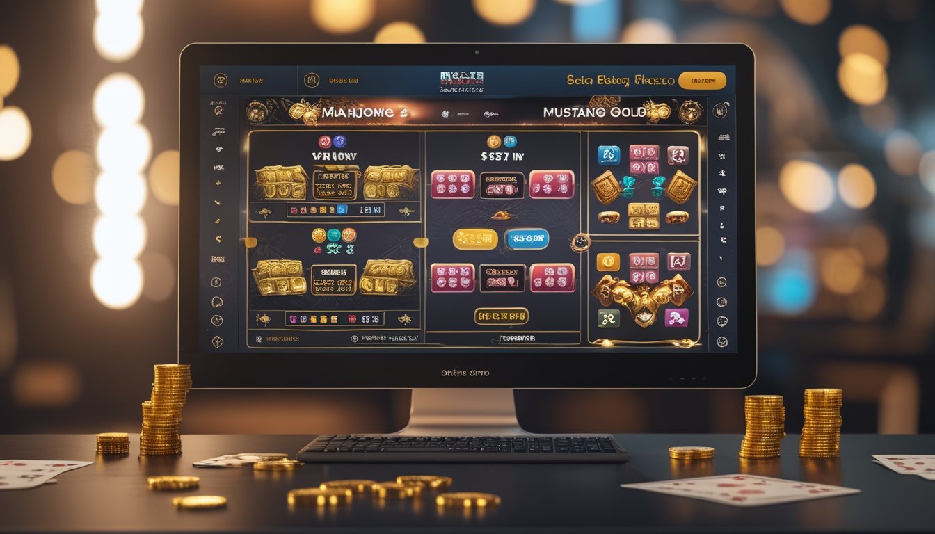Meja modern dengan komputer yang menampilkan permainan slot Mahjong 2 dan Mustang Gold, dikelilingi oleh chip poker dan koin emas.