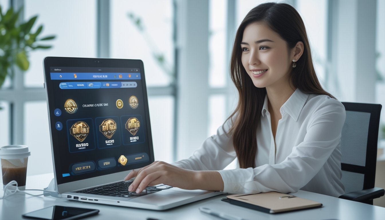Seorang wanita muda sedang menggunakan laptop di ruang kantor yang terang dan rapi, terlihat fokus dan tersenyum saat mengakses situs permainan online.