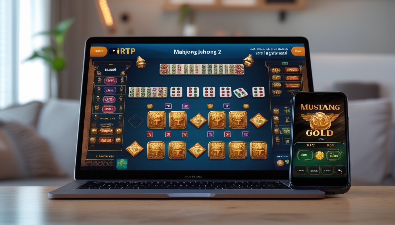 Seseorang menggunakan laptop dan ponsel yang menampilkan permainan Mahjong dan slot Mustang Gold dalam suasana rumah yang nyaman.