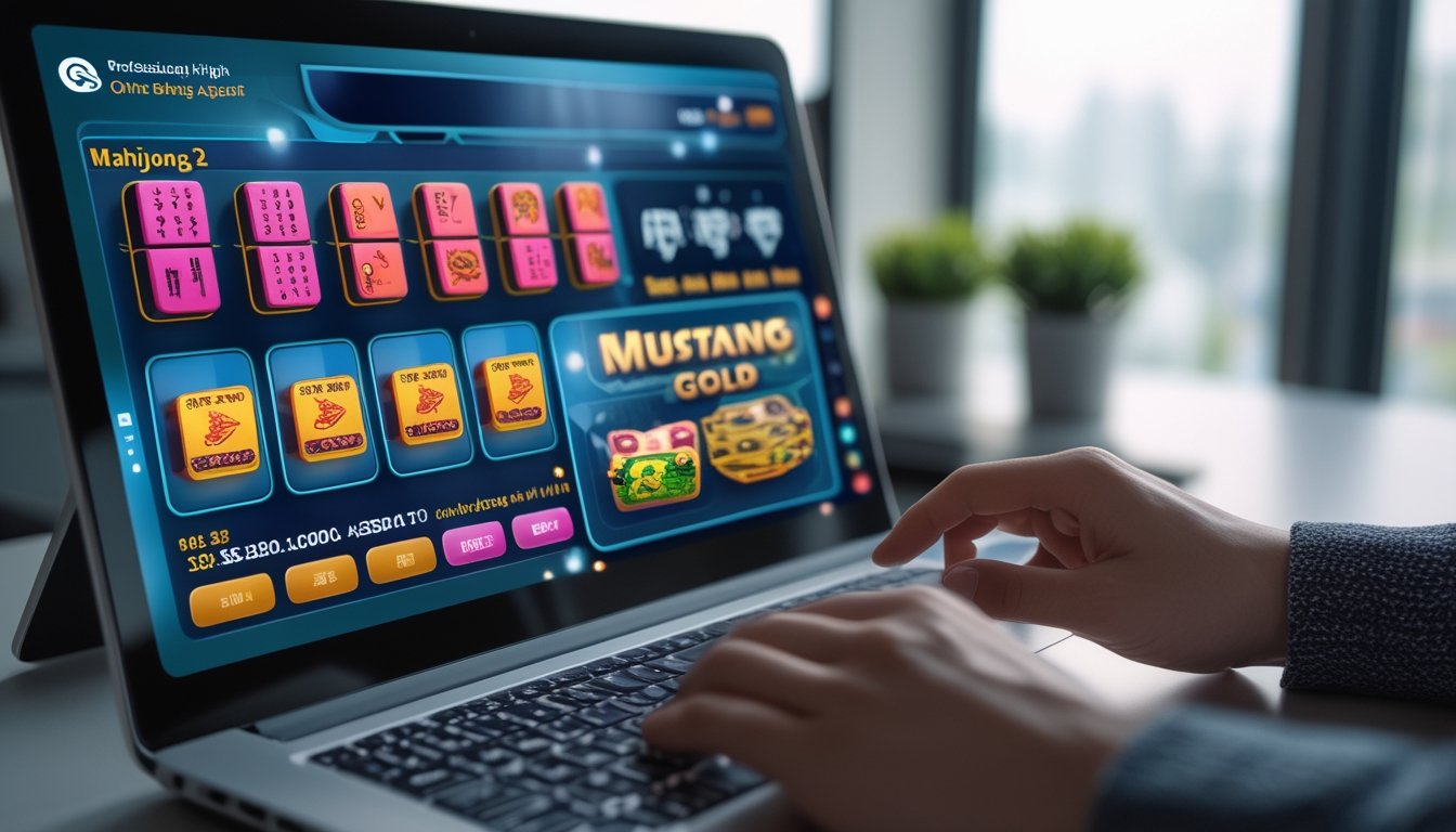 Seseorang menggunakan komputer dengan tampilan permainan Mahjong dan Mustang Gold di layar dalam ruangan kantor yang terang dan nyaman.