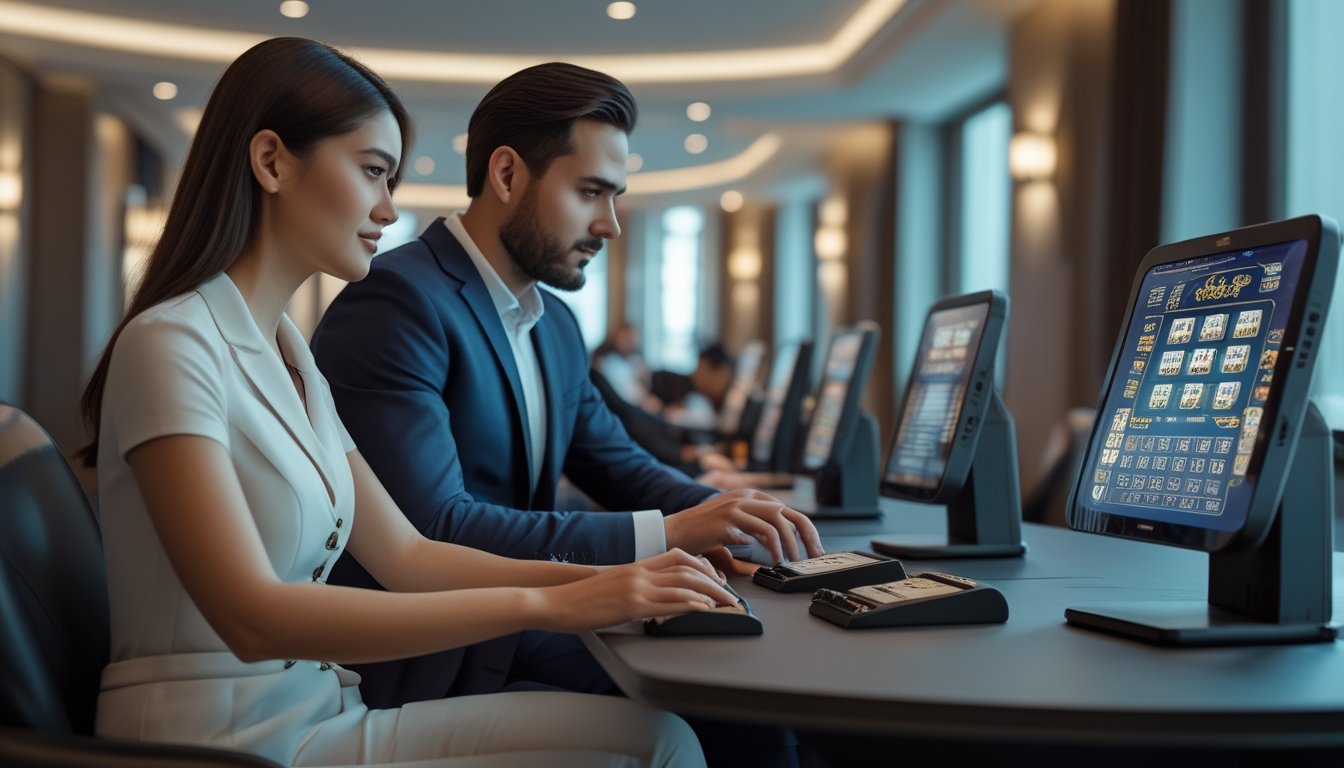 Seorang pria dan wanita duduk di meja permainan modern, fokus bermain Mahjong dan permainan slot di layar digital dalam suasana agen taruhan profesional.