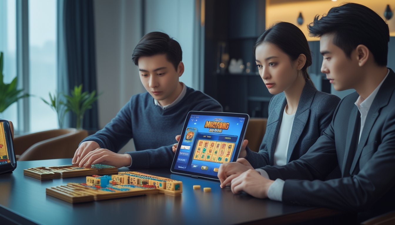 Dua orang bermain Mahjong dan Mustang Gold di meja dengan perangkat digital dan ubin Mahjong, terlihat fokus dan serius.