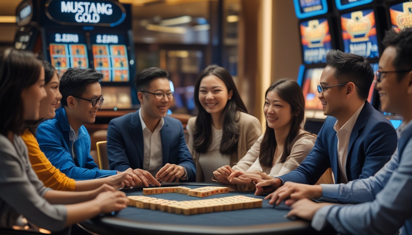 Sekelompok orang bermain Mahjong dan mesin slot Mustang Gold di sebuah ruang permainan yang nyaman.