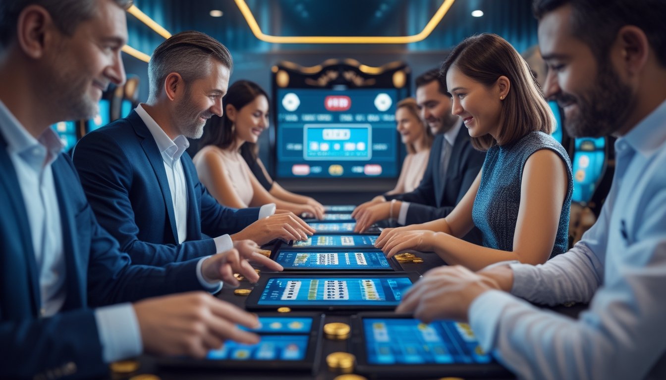 Sekelompok orang dewasa bermain Mahjong dan permainan kasino online dengan perangkat digital di lingkungan modern.