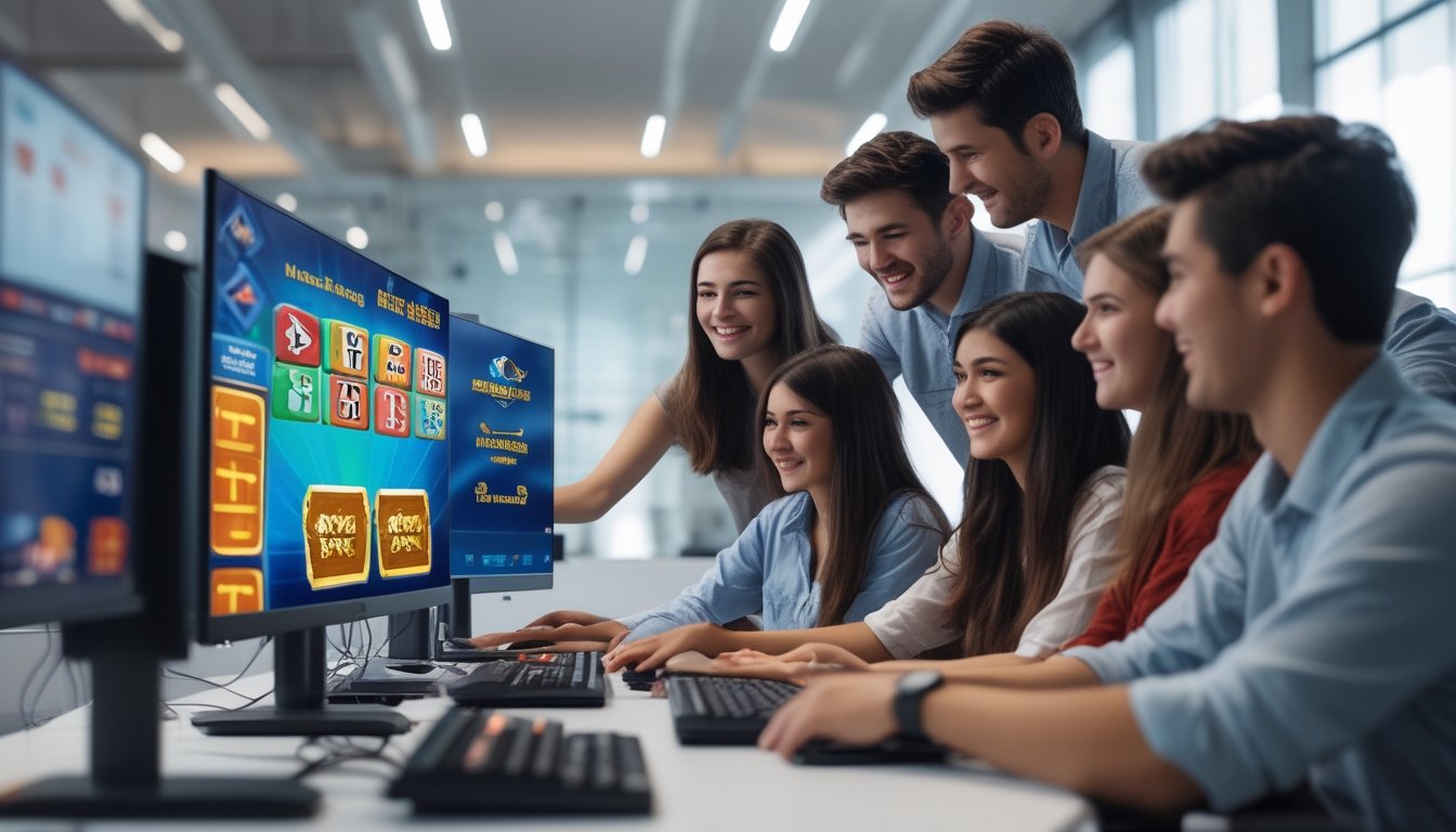 Sekelompok orang muda sedang berkumpul di depan layar komputer yang menampilkan permainan Mahjong dan Mustang Gold dalam sebuah ruangan kantor modern.