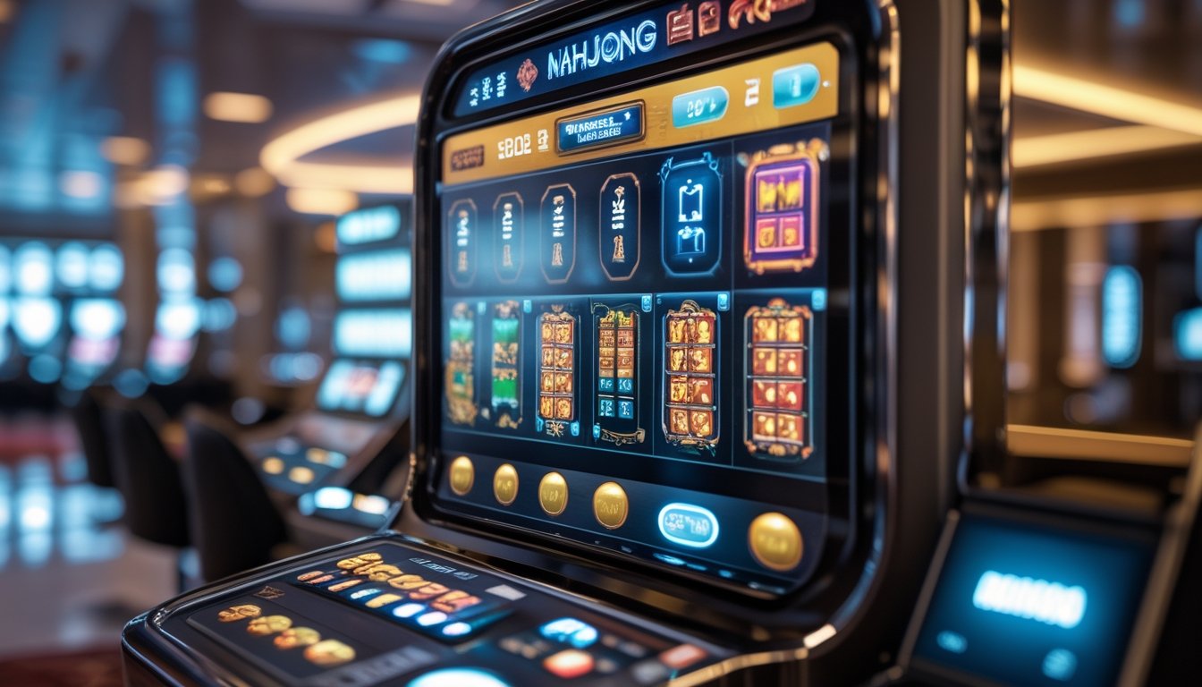 Sebuah mesin slot digital modern dengan simbol Mahjong dan kuda emas di latar kasino mewah.