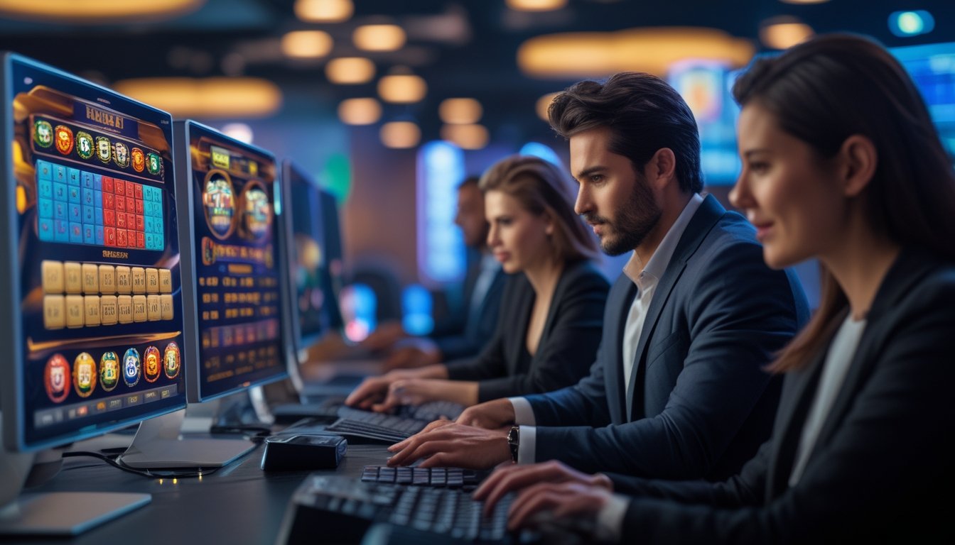 Orang-orang sedang bermain permainan slot online dengan latar komputer dan suasana kasino.