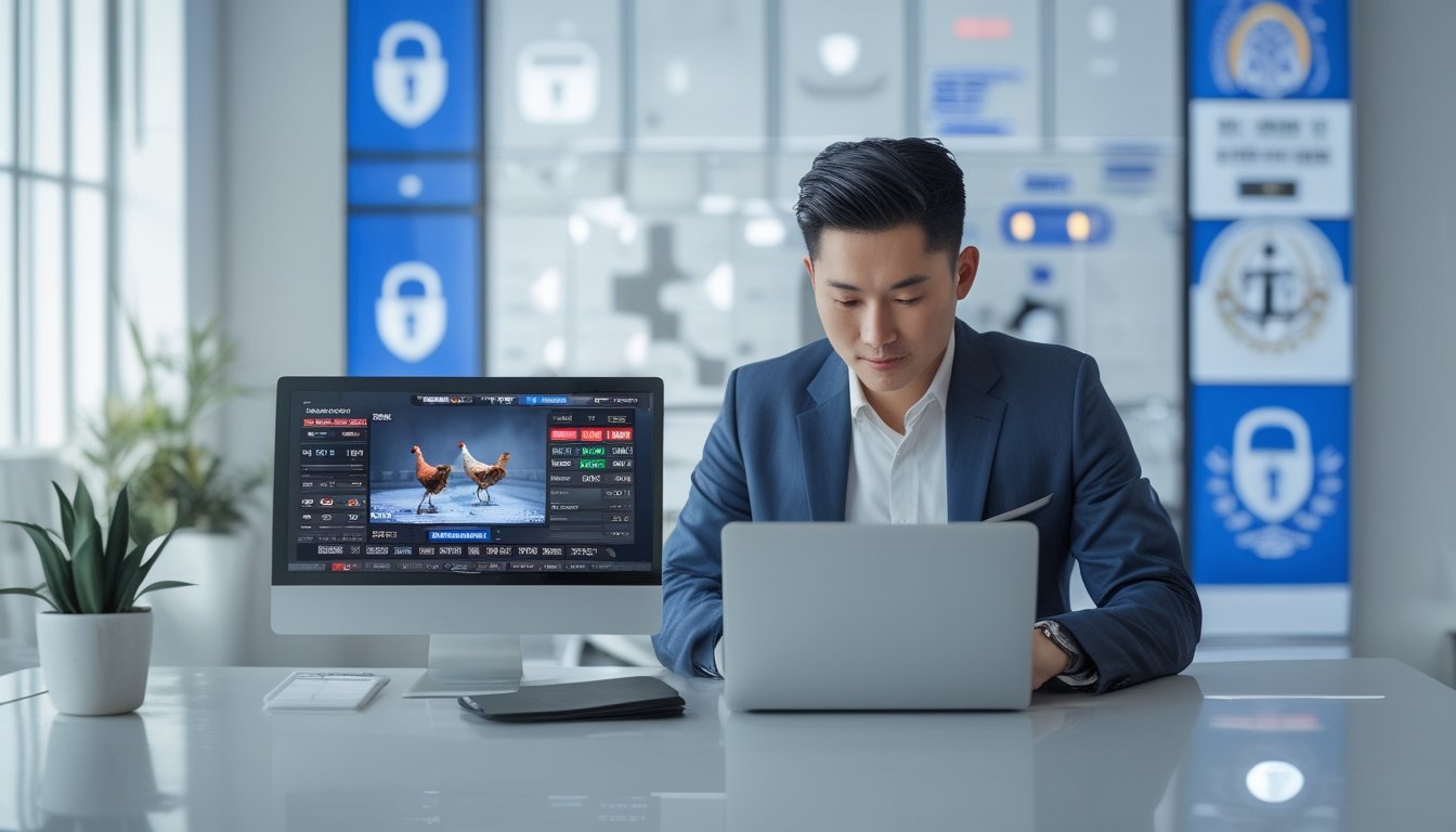 Seorang pria Asia yang percaya diri menggunakan laptop dan ponsel di ruang kantor yang terang dengan tampilan layar yang menunjukkan aktivitas taruhan sabung ayam secara online.