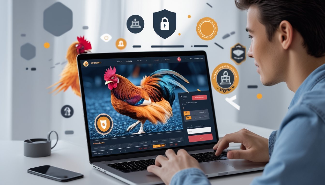 Seorang pengguna muda yang percaya diri menggunakan perangkat digital untuk taruhan sabung ayam online dengan latar belakang gambar ayam jago yang bergaya tradisional.