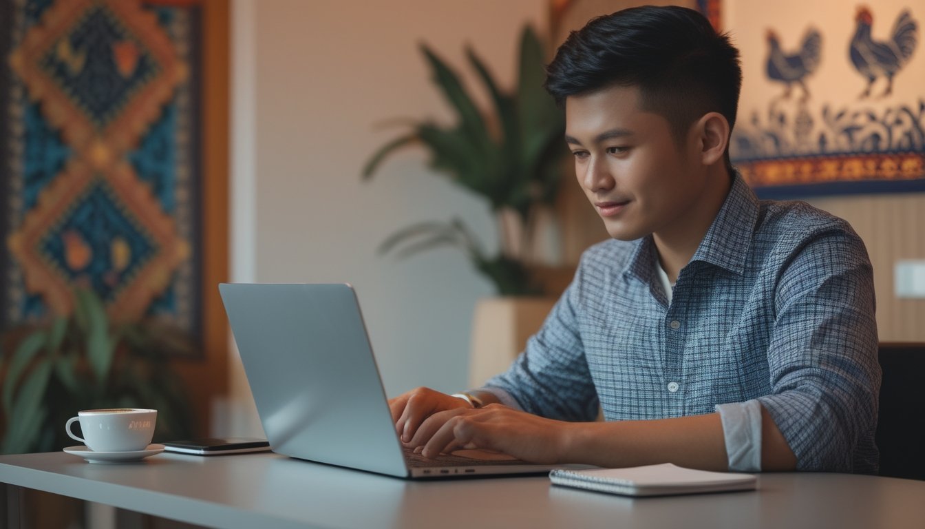 Seorang pria muda Indonesia duduk di depan laptop, fokus menggunakan situs sabung ayam online dengan latar belakang dekorasi batik dan suasana hangat.