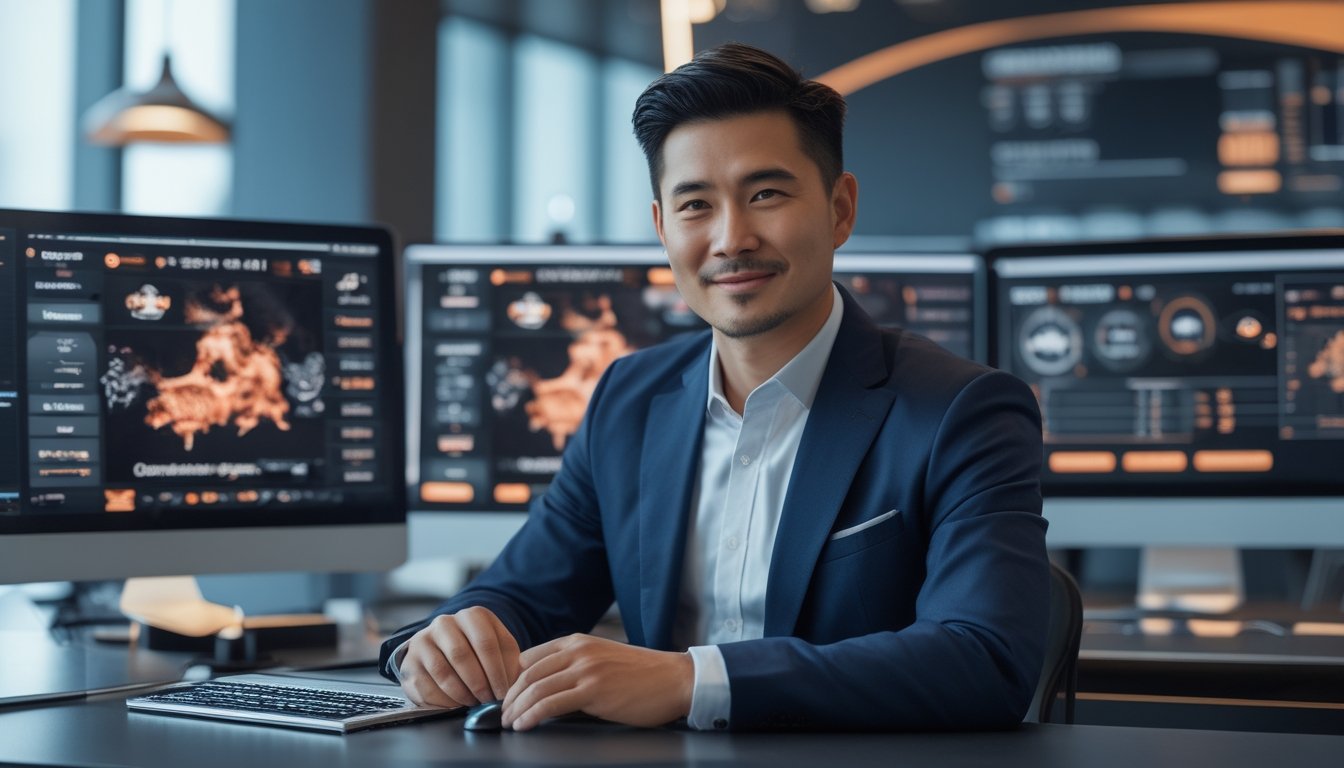 Seorang pria Asia mengenakan pakaian rapi duduk di depan beberapa layar komputer dengan tampilan antarmuka taruhan ayam sabung, di dalam ruangan kantor modern.