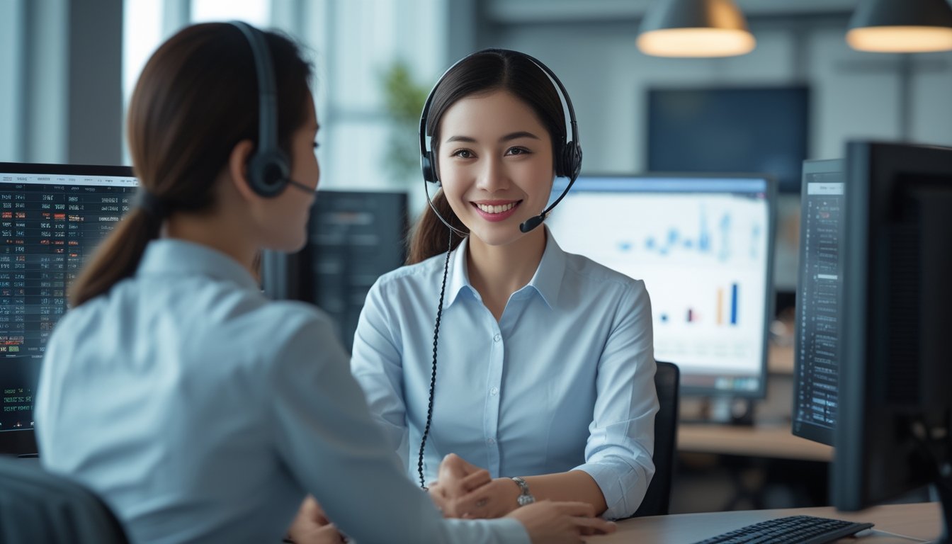 Seorang agen layanan pelanggan sedang tersenyum dan menggunakan headset di kantor modern dengan beberapa monitor komputer di latar belakang.