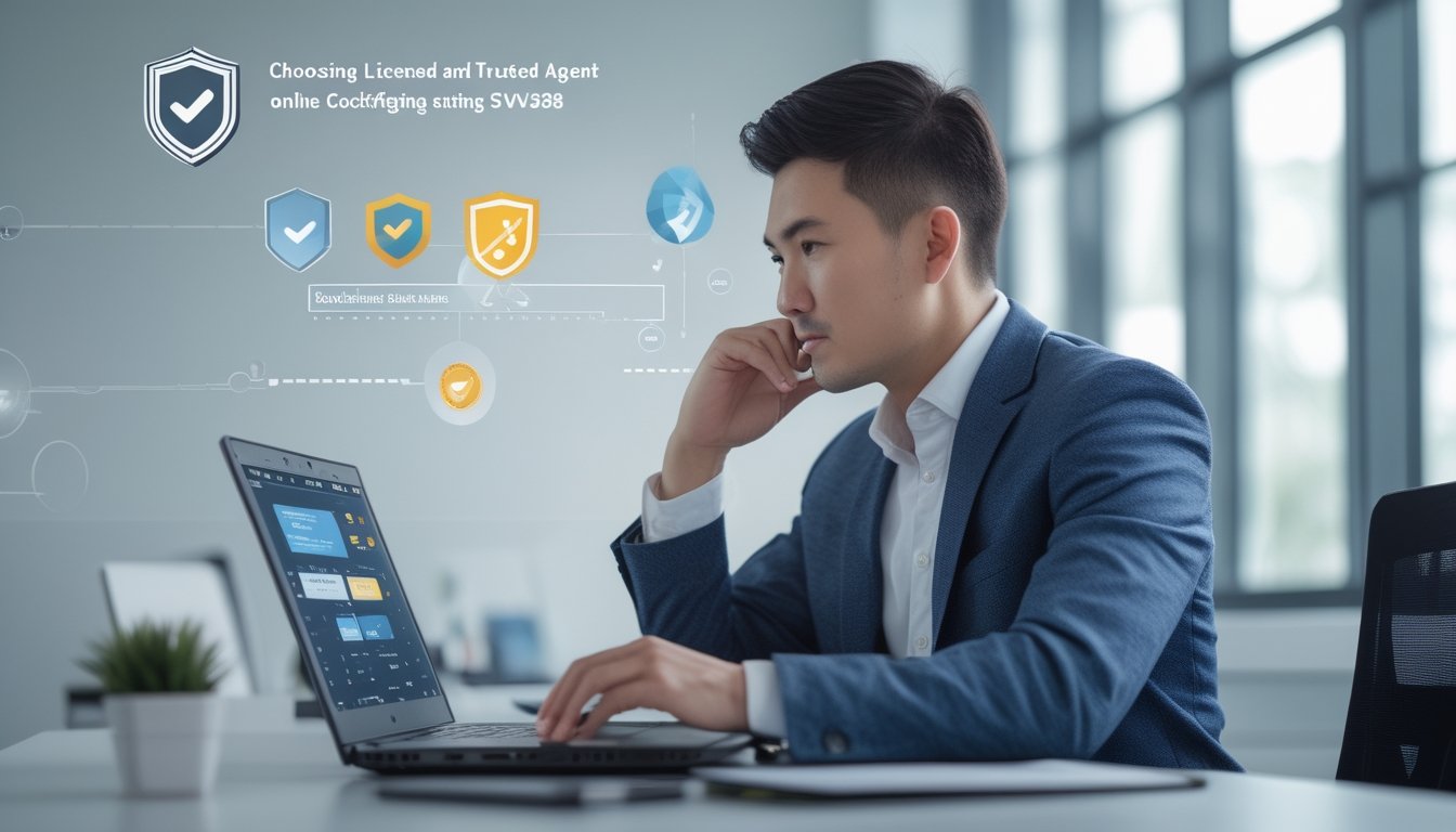 Seorang pria Asia Tenggara duduk di depan laptop di kantor modern, sedang menganalisis data dengan latar belakang simbol keamanan dan teknologi.