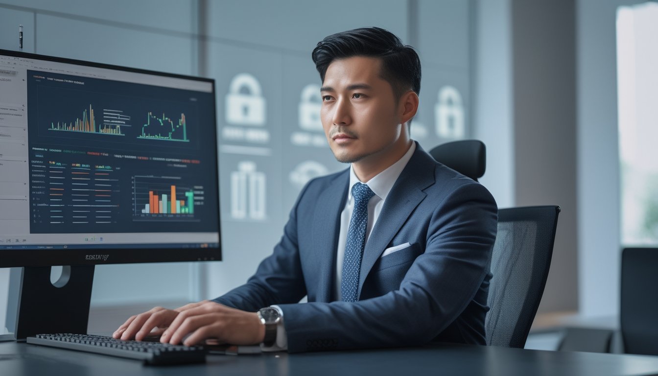 Seorang pria Asia Tenggara duduk di meja kantor modern sambil melihat layar komputer yang menampilkan grafik dan data.